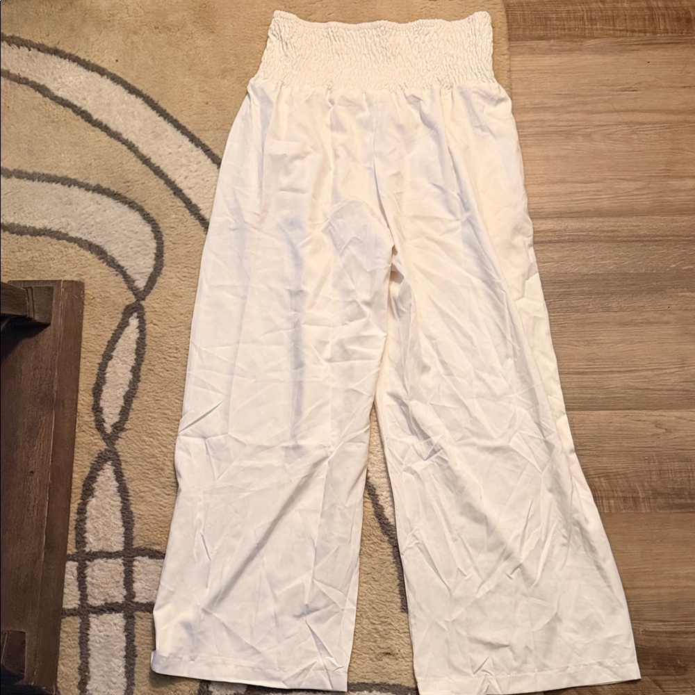 White Smocked Waist Wide-Leg Pants